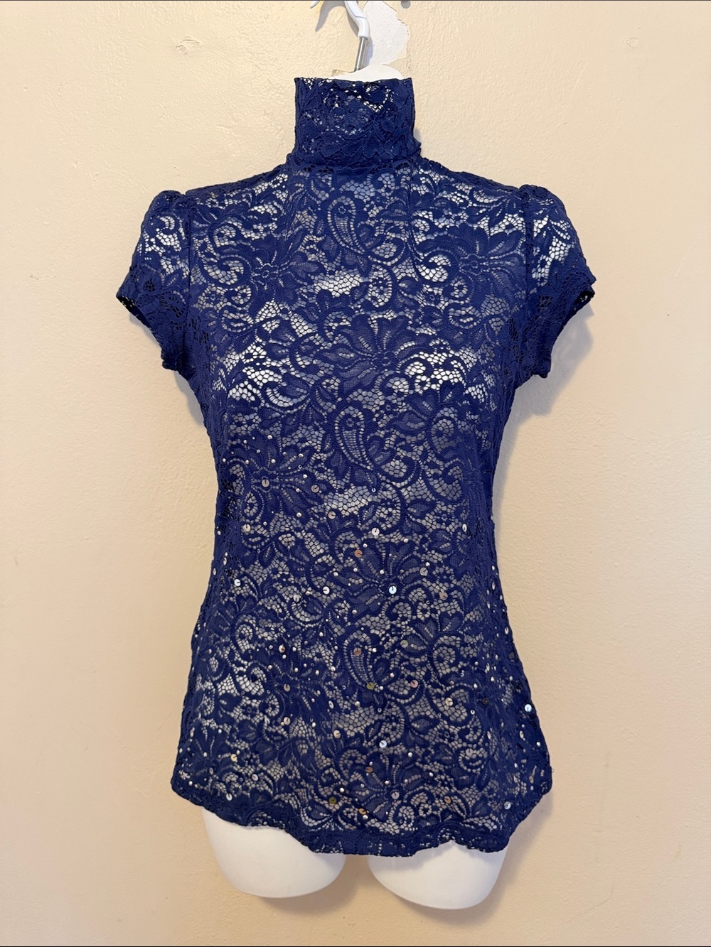 Express Navy Lace Mock Neck Cap Sleeve Top
